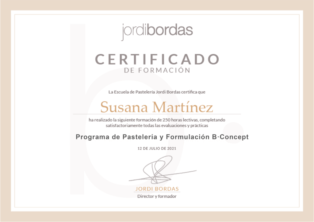 Certificado de formación expedido por la Escuela de Pastelería Jordi Bordas Certificado_Formacion_ESP_2025